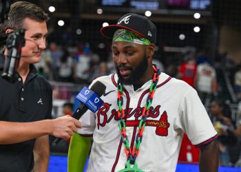 ATLANTA, GA - SEPTEMBER 23:  Atlanta center fielder Michael Harris II (23) is interviewed by FanduelÕs Wiley Ballard following the conclusion of the MLB game between the Washington Nationals and the Atlanta Braves on September 23rd, 2025 at Truist Park in Atlanta, GA. (Photo by Rich von Biberstein/Icon Sportswire)
