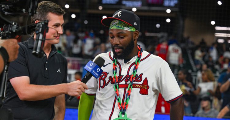 ATLANTA, GA - SEPTEMBER 23: Atlanta center fielder Michael Harris II (23) is interviewed by FanduelÕs Wiley Ballard following the conclusion of the MLB game between the Washington Nationals and the Atlanta Braves on September 23rd, 2025 at Truist Park in Atlanta, GA. (Photo by Rich von Biberstein/Icon Sportswire)