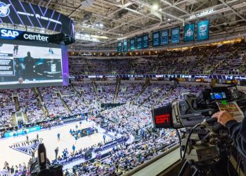 SAN JOSE, CA - SEPTEMBER 17: ESPN camera captures pregame activities before game two of the first round of the WNBA Playoffs between the Minnesota Lynx and the Golden State Valkyries on September 17, 2025 at SAP Center at San Jose in San Jose, CA. (Photo by Matthew Huang/Icon Sportswire)