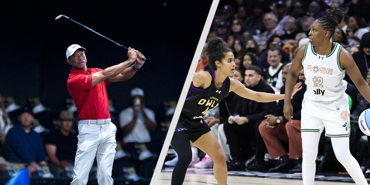 Tiger Woods, hits the ball next to Kevin Kisner of Jupiter Links before a TGL match against New York Golf Club at SoFi Center on January 13, 2026, in Palm Beach Gardens, Florida. © GREG LOVETT/PALM BEACH POST / USA TODAY NETWORK via Imagn Images / Unrivaled via Sipa USA