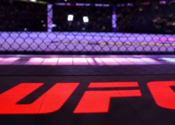 3A5GM5K 22nd March 2025; O2 Arena, London, England; UFC Fight Night London, Leon Edwards versus Sean Brady; general view of the octagon inside O2 Arena London with UFC Logo at display