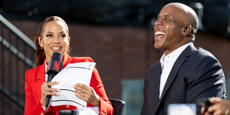 Elle Duncan and Barry Bonds MLB Opening Night Game: Yankees vs. Giants, Live on Netflix, Oracle Park, San Francisco, March 25, 2026. Photo by Deborah Coleman / Netflix