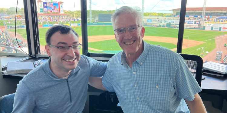 Detroit Tigers broadcasters Jason Benetti (left) and Dan Dickerson (right) before a spring training game between the Tigers and Boston Red Sox on Thursday, February 27, 2025, in Lakeland, Florida. © Evan Petzold / USA TODAY NETWORK via Imagn Images