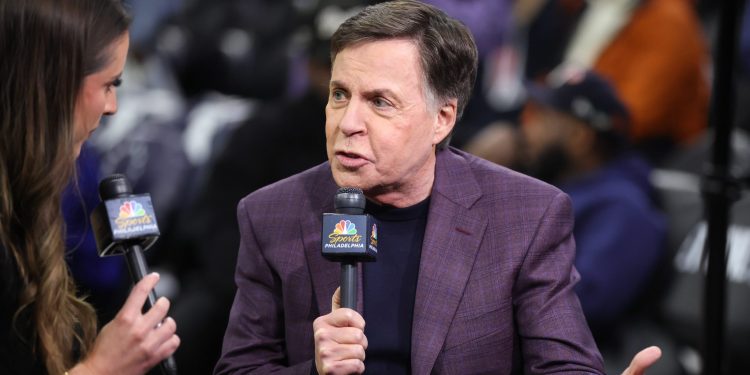 Mar 3, 2026; Philadelphia, Pennsylvania, USA; Sportscaster Bob Costas before a game between the Philadelphia 76ers and the San Antonio Spurs at Xfinity Mobile Arena. Mandatory Credit: Bill Streicher-Imagn Images