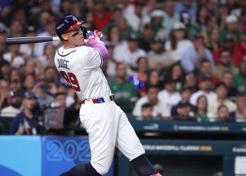 Mar 9, 2026; Houston, TX, United States; United States outfielder Aaron Judge (99) hits a two run home run in the third inning against Mexico at Daikin Park. Mandatory Credit: Troy Taormina-Imagn Images