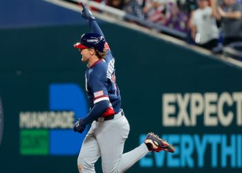 Mar 15, 2026; Miami, FL, United States; United States third baseman Gunnar Henderson (11) celebrates after hitting a home run in the fourth inning against the Dominican Republic during a semifinal game of the 2026 World Baseball Classic at loanDepot Park. Mandatory Credit: Sam Navarro-Imagn Images
