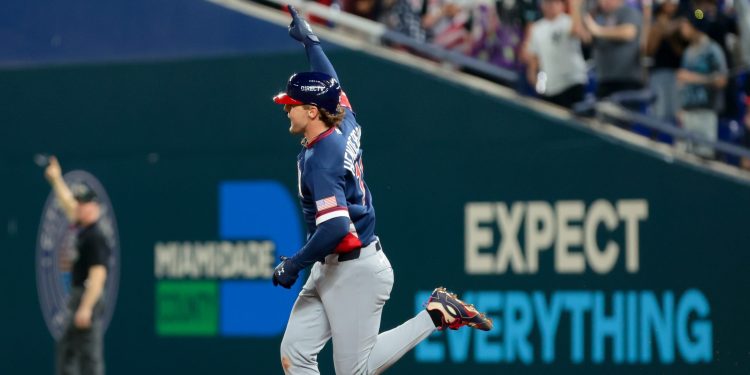 Mar 15, 2026; Miami, FL, United States; United States third baseman Gunnar Henderson (11) celebrates after hitting a home run in the fourth inning against the Dominican Republic during a semifinal game of the 2026 World Baseball Classic at loanDepot Park. Mandatory Credit: Sam Navarro-Imagn Images