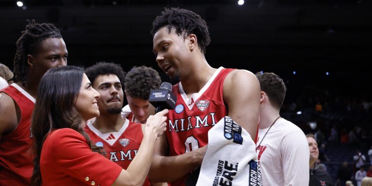 Mar 18, 2026; Dayton, OH, USA; Miami (OH) RedHawks wing Eian Elmer (0) is interviewed after the game against the SMU Mustangs during a first four game of the men's 2026 NCAA Tournament at University of Dayton Arena. Mandatory Credit: Rick Osentoski-Imagn Images