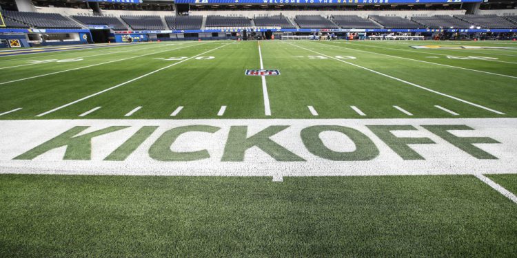 INGLEWOOD, CA - SEPTEMBER 08: NFL kickoff logo before the Buffalo Bills game versus the Los Angeles Rams on September 8, 2022, at Sofi Stadium in Inglewood, CA. (Photo by Jevone Moore/Icon Sportswire)