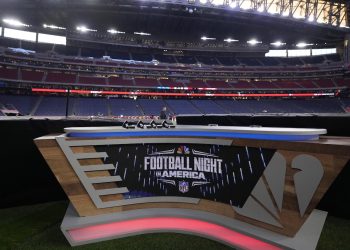 The Football Night in America set is seen before an NFL football game between the Houston Texans and the Detroit Lions, Sunday, Nov. 10, 2024, in Houston. (AP Photo/David J. Phillip)