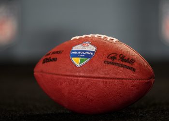 An NFL football with a Melbourne 2026 logo seen at an international press conference announcing the 2026 NFL Melbourne Game on Wednesday, Feb. 5, 2025 at Ernest N. Morial Convention Center in New Orleans. (Doug Benc/AP Content Services for the NFL)
