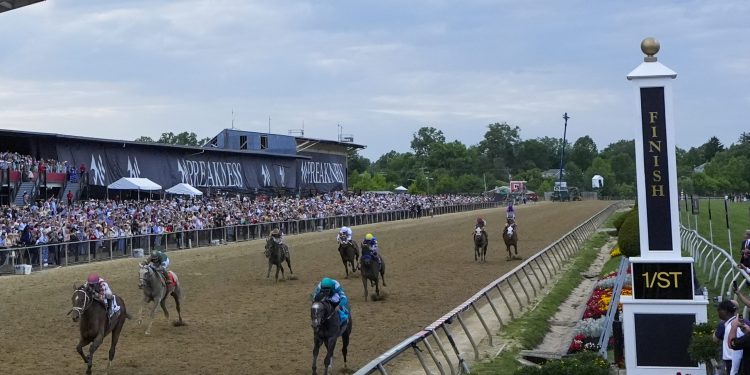 Umberto Rispoli, left, atop Journalism, edges out Luis Saez, atop Gosger, to win the 150th running of the Preakness Stakes horse race Saturday, May 17, 2025, at Pimlico Race Course in Baltimore. (AP Photo/Julia Demaree Nikhinson)
