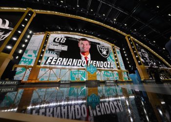 Indiana quarterback Fernando Mendoza is shown on a screen after being chosen by the Las Vegas Raiders with the first overall pick during the first round of the NFL football draft in Pittsburgh, Thursday, April 23, 2026. (Adam Hunger/AP Content Services for the NFL)