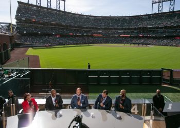Anthony Rizzo, Albert Pujols, Barry Bonds, CC Sabathia and Elle Duncan at MLB Opening Night Game: Yankees vs. Giants, Live on Netflix, Oracle Park, San Francisco, March 25, 2026. Photo by Deborah Coleman / Netflix