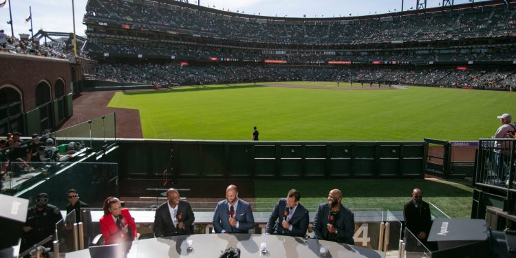 Anthony Rizzo, Albert Pujols, Barry Bonds, CC Sabathia and Elle Duncan at MLB Opening Night Game: Yankees vs. Giants, Live on Netflix, Oracle Park, San Francisco, March 25, 2026. Photo by Deborah Coleman / Netflix