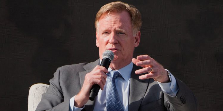 NFL Commissioner Roger Goodell participates in a panel discussion during groundbreaking ceremonies for the new Cleveland Browns stadium in Brook Park, Ohio, Thursday, April 30, 2026. (AP Photo/Sue Ogrocki)