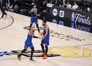 San Antonio, TX - June 5, 2026 - Frost Bank Center: Jalen Brunson (11) and Karl-Anthony Towns (32) of the New York Knicks during game two of the 2026 NBA Finals.
(Photo by Ben Solomon / ESPN Images)