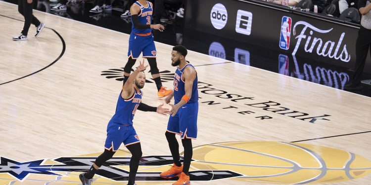 San Antonio, TX - June 5, 2026 - Frost Bank Center: Jalen Brunson (11) and Karl-Anthony Towns (32) of the New York Knicks during game two of the 2026 NBA Finals.
(Photo by Ben Solomon / ESPN Images)