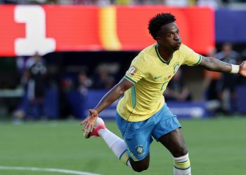 Brazil's Vinicius Junior (7) celebrates a goal iduring the World Cup Group C soccer match between Brazil and Morocco in East Rutherford, N.J., near New York, Saturday, June 13, 2026. (AP Photo/Adam Hunger)