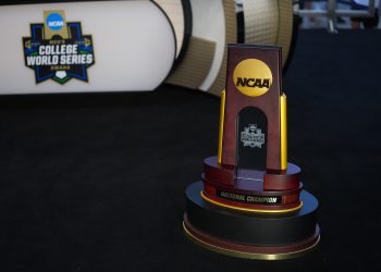 Omaha, NE - June 12, 2026 - Charles Schwab Field: Trophy on the set of the 2026 Men's College World Series.
(Photo by Al Powers / ESPN Images)