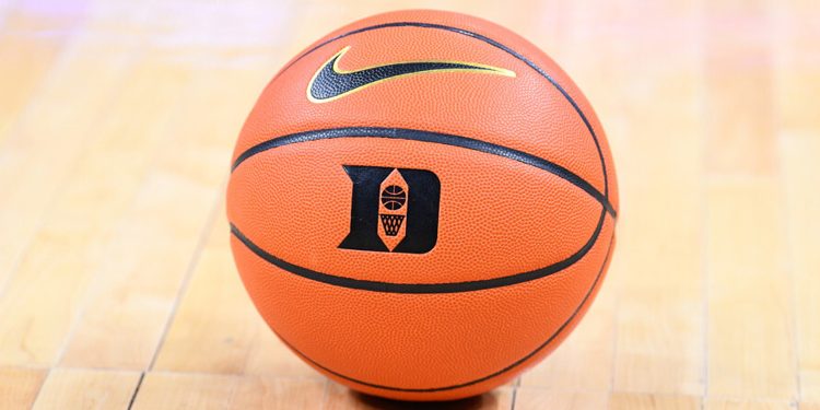 LAS VEGAS, NV - NOVEMBER 26: A basketball with the Duke logo during the Continental Tire Challenge college basketball game between the Duke Blue Devils and the Gonzaga Bulldogs on November 26, 2021, at the T-Mobile Arena in Las Vegas, NV. (Photo by Brian Rothmuller/Icon Sportswire)