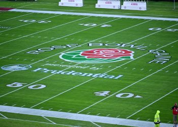 Pasadena, CA - January 1, 2026 - Rose Bowl Stadium: Midfield sponsor prior to the Rose Bowl during the quarterfinal round of the 2025–26 College Football Playoff.
(Photo by Joshua R. Gateley / ESPN Images)