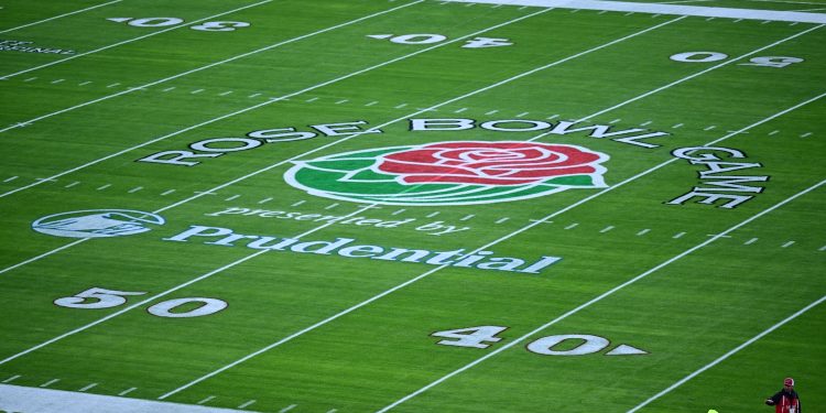Pasadena, CA - January 1, 2026 - Rose Bowl Stadium: Midfield sponsor prior to the Rose Bowl during the quarterfinal round of the 2025–26 College Football Playoff.
(Photo by Joshua R. Gateley / ESPN Images)