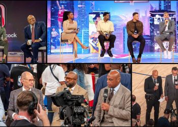 (Illustration) | CULVER CITY, CALIFORNIA - OCTOBER 14: (L-R) Taylor Rooks, Udonis Haslem, Blake Griffin, Dirk Nowitzki and Steve Nash speak during the unveiling of Prime Video's new NBA On Prime Studio at The Culver Studios on October 14, 2025 in Culver City, California. (Photo by Phillip Faraone/Getty Images for Prime Video) | Other Images – Courtesy: Derek Futterman, Sports Media Watch