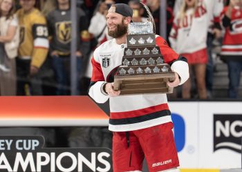 Las Vegas, NV - June 14, 2026 - T-Mobile Arena: Jordan Staal (11) of the Carolina Hurricanes holding the Conn Smythe Trophy after winning game six and the 2026 Stanley Cup Final.
(Photo by Phil Ellsworth / ESPN Images)