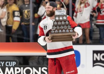 Las Vegas, NV - June 14, 2026 - T-Mobile Arena: Jordan Staal (11) of the Carolina Hurricanes holding the Conn Smythe Trophy after winning game six and the 2026 Stanley Cup Final.
(Photo by Phil Ellsworth / ESPN Images)