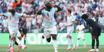 3F08FK0 Seattle, USA. 6th July, 2026. Romelu Lukaku (C) of Belgium celebrates scoring during the round of 16 match between the United States and Belgium at the 2026 FIFA World Cup at Seattle Stadium in Seattle, the United States, July 6, 2026. Credit: Xu Chang/Xinhua/Alamy Live News