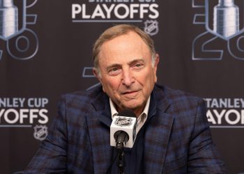 FILE - NHL Commissioner Gary Bettman speaks at a news conference prior to Game 3 of the first round NHL hockey Stanley Cup playoff series, April 24, 2026, in Salt Lake City. (AP Photo/Melissa Majchrzak, File)