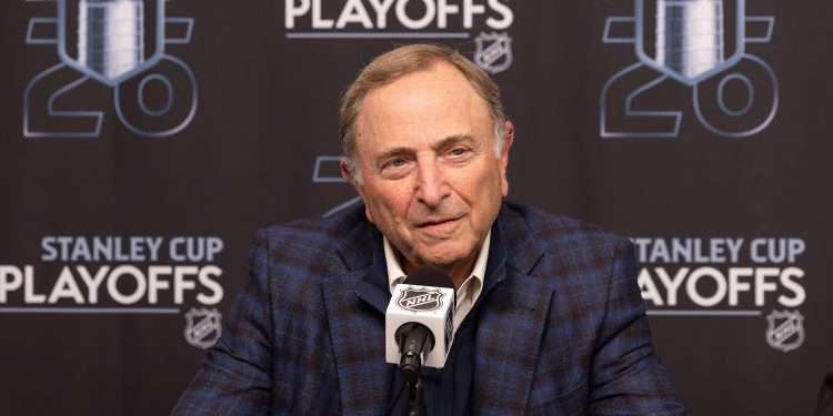 FILE - NHL Commissioner Gary Bettman speaks at a news conference prior to Game 3 of the first round NHL hockey Stanley Cup playoff series, April 24, 2026, in Salt Lake City. (AP Photo/Melissa Majchrzak, File)