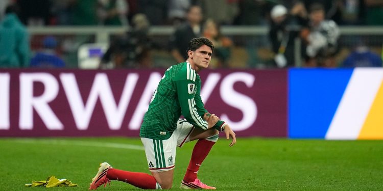 Mexico's Israel Reyes (15) reacts after the World Cup round of 16 soccer match between Mexico and England in Mexico City, Sunday, July 5, 2026. (AP Photo/Ricardo Mazalan)
