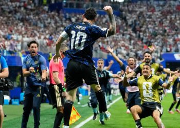 Argentina's Lionel Messi celebrates after teammate Lautaro Martinez scored their side's second goal during the World Cup semifinal soccer match between England and Argentina in Atlanta, Wednesday, July 15, 2026. (AP Photo/Rebecca Blackwell)