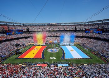 Argentina and Spain stand for the national anthems before the World Cup final soccer match between Spain and Argentina in East Rutherford, N.J., near New York, Sunday, July 19, 2026. (AP Photo/Seth Wenig)