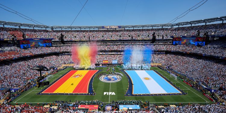Argentina and Spain stand for the national anthems before the World Cup final soccer match between Spain and Argentina in East Rutherford, N.J., near New York, Sunday, July 19, 2026. (AP Photo/Seth Wenig)