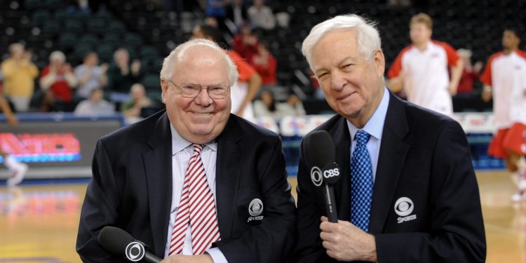 DK3YGG Mar. 13, 2011 - Atlantic City, New Jersey, U.S - Bill Raftery and Verne Lundquist CBS announcers for the A10 championship game. In the A10 championship title game between Dayton and Richmond, Richmond leads at the half 34-24. In a game being played at Boardwalk Hall in Atlantic City, New Jersey (Credit Image: © Mike McAtee/Southcreek Global/ZUMAPRESS.com)