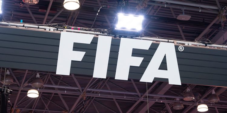 The FIFA logo as displayed at Fanatics Fest 2026 from the Jacob K. Javits Convention Center in New York City. Courtesy: Derek Futterman, Sports Media Watch