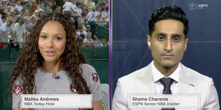 Malika Andrews from the set of Wimbledon, interviewing Shams Charania about LeBron James' free agency decision. (ESPN)