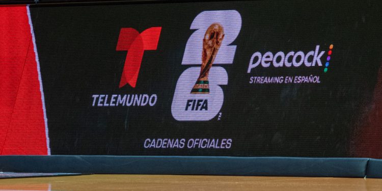 UNCASVILLE, CT - JUNE 13: 2026 FIFA World Cup official broadcast Telemundo and Peacock streaming in Spanish signage during the WNBA game between the Indiana Fever and the Connecticut Sun on June 13, 2026 at Mohegan Sun Arena in Uncasville, CT. (Photo by Erica Denhoff/Icon Sportswire)