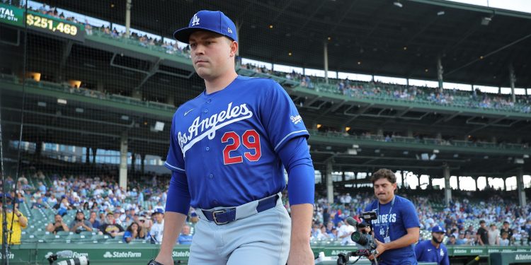 Los Angeles Dodgers starting pitcher Tarik Skubal makes his way to the bullpen prior to a baseball game against the Chicago Cubs, Tuesday, Aug. 4, 2026, in Chicago. (AP Photo/Melissa Tamez)