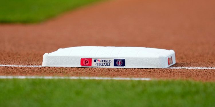 First base is seen on the field during a baseball game between the Minnesota Twins and the Philadelphia Phillies at the Field of Dreams movie site, Thursday, Aug. 13, 2026, in Dyersville, Iowa. (AP Photo/Charlie Neibergall)