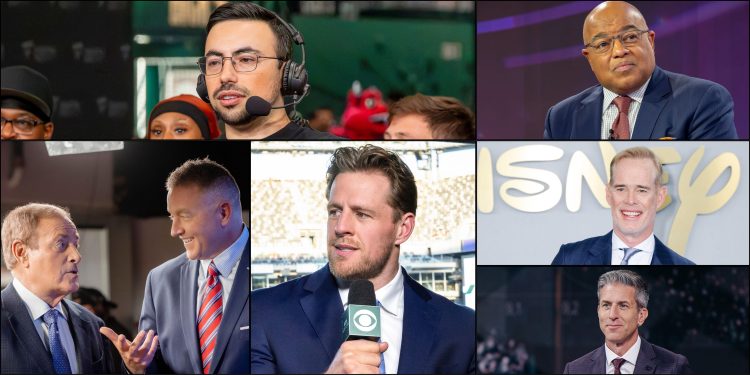 (Illustration) | Joe Buck – Courtesy: David Russell, Disney; Kevin Burkhardt – Courtesy: Fox Sports | Al Michaels, Kirk Herbstreit – Courtesy: Prime Video and Amazon MGM Studios | J.J. Watt – Courtesy: Mary Kouw, CBS | Mike Tirico, Noah Eagle – Courtesy: Derek Futterman, Sports Media Watch