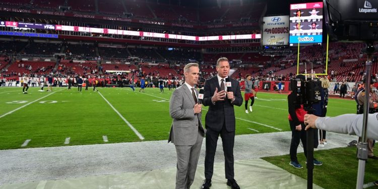 Tampa, FL - January 16, 2023 - Raymond James Stadium: Joe Buck & Troy Aikman prior to the Monday Night Football NFC Wild Card Playoff game.
(Photo by Scott Clarke / ESPN Images)