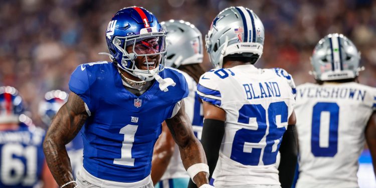 New York Giants wide receiver Malik Nabers (1) celebrates a first down during an NFL football game against the Dallas Cowboys in East Rutherford, N.J., Sunday, Sept. 13, 2026. (AP Photo/Rusty Jones)
