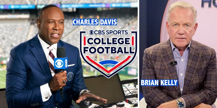 (Illustration) | Charles Davis – Courtesy: CBS Sports; Brian Kelly – Courtesy: (Screengrab) CBS Sports on YouTube; CBS Sports College Football Logo – Courtesy: Paramount Press Express / CBS Sports