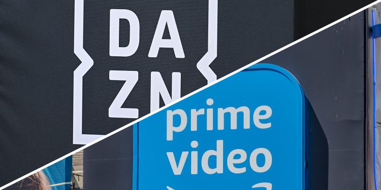 (Illustration) Antwerp, Belgium. 25th July, 2025. a DAZN logo pictured at a soccer match between Royal Antwerp FC and Royale Union Saint-Gilloise, Friday 25 July 2025 in Brussels, on day 1 of the 2025-2026 'Jupiler Pro League' first division of the Belgian championship. BELGA PHOTO TOM GOYVAERTS Credit: Belga News Agency/Alamy Live News; Prime Video Logo – Courtesy: Derek Futterman