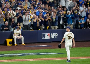 Milwaukee Brewers pitcher Jacob Misiorowski leaves the game during the fifth inning of Game 1 of baseball's National League Championship Series between the Milwaukee Brewers and the Los Angeles Dodgers, Sunday, Oct. 11, 2026, in Milwaukee. (AP Photo/Kyla Wolf)