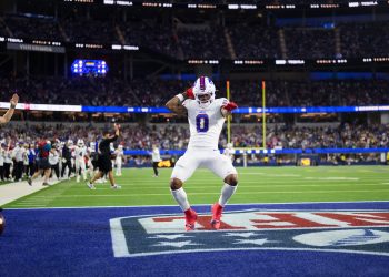 Buffalo Bills wide receiver Keon Coleman (0) celebrates his touchdown during an NFL football game against the Los Angeles Rams in Inglewood, Calif., Monday, Oct. 12, 2026. (AP Photo/Kyusung Gong)